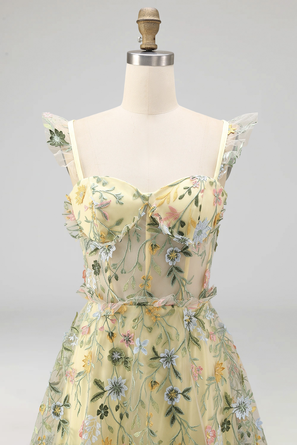 Mauve Corset A Line Floral Embroidered Long Formal Dress with Slit