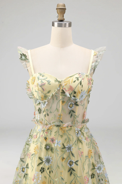 Mauve Corset A Line Floral Embroidered Long Formal Dress with Slit