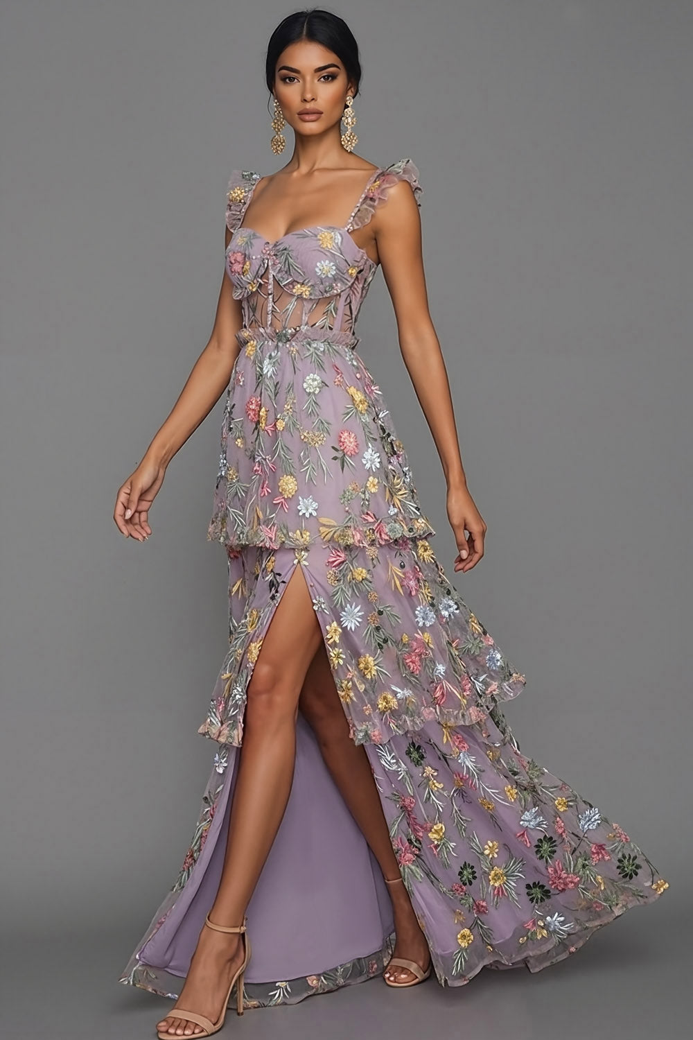 Mauve Corset A Line Floral Embroidered Long Formal Dress with Slit