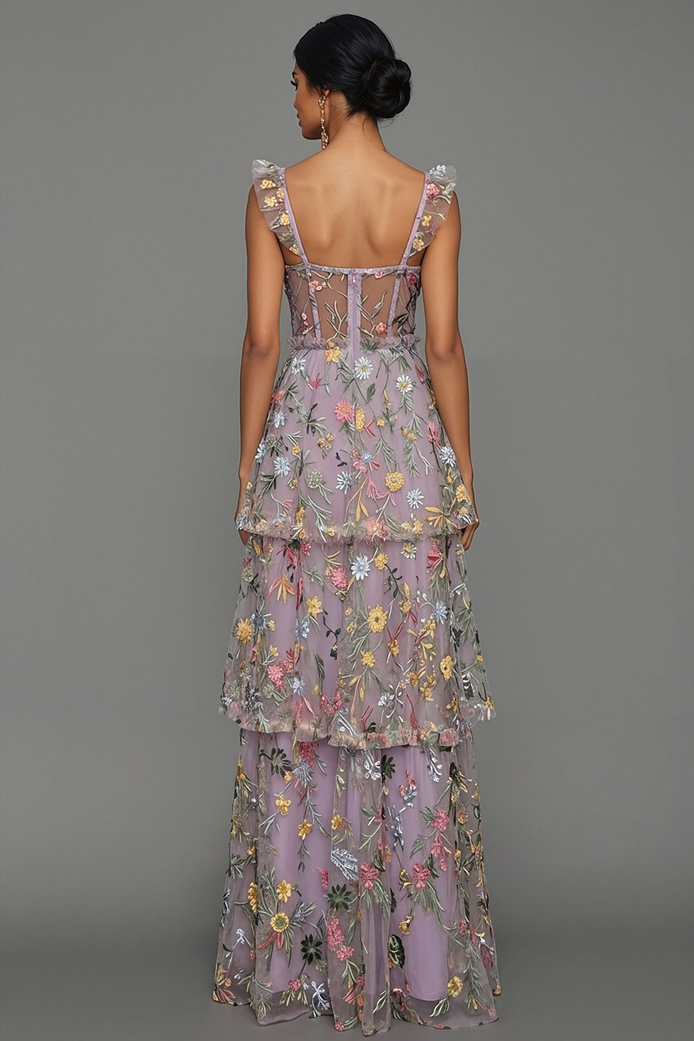 Mauve Corset A Line Floral Embroidered Long Formal Dress with Slit