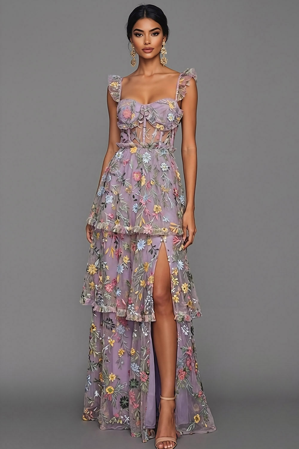 Leely Women Mauve Corset A Line Floral Long Formal Dress with Slit Spaghetti Straps Embroidered Spaghetti Straps Backless Wedding Guest Dress