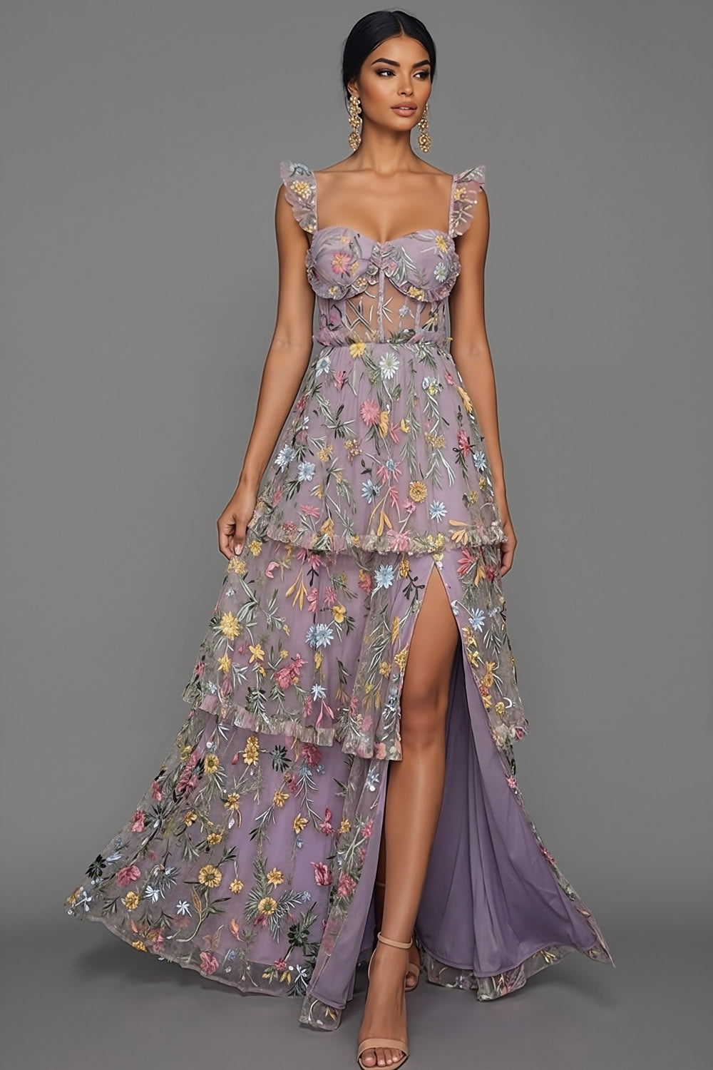Mauve Corset A Line Floral Embroidered Long Formal Dress with Slit