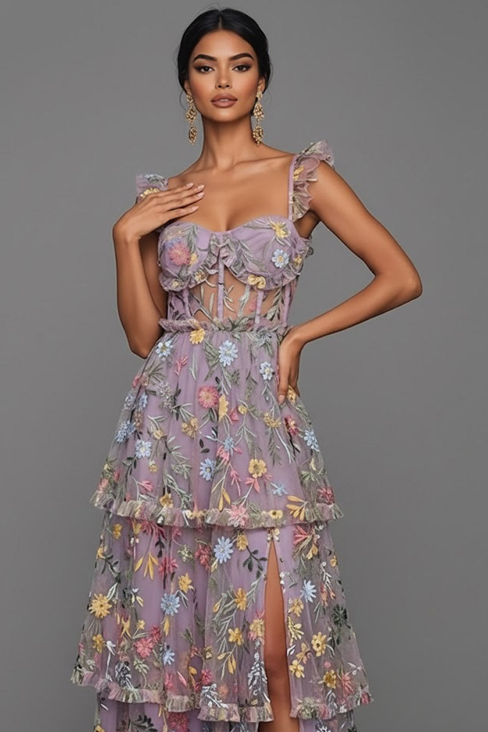 Mauve Corset A Line Floral Embroidered Long Formal Dress with Slit