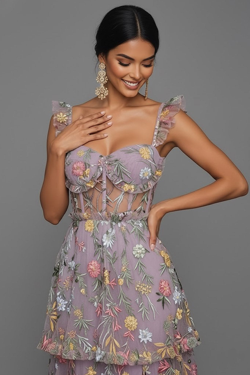 Mauve Corset A Line Floral Embroidered Long Formal Dress with Slit