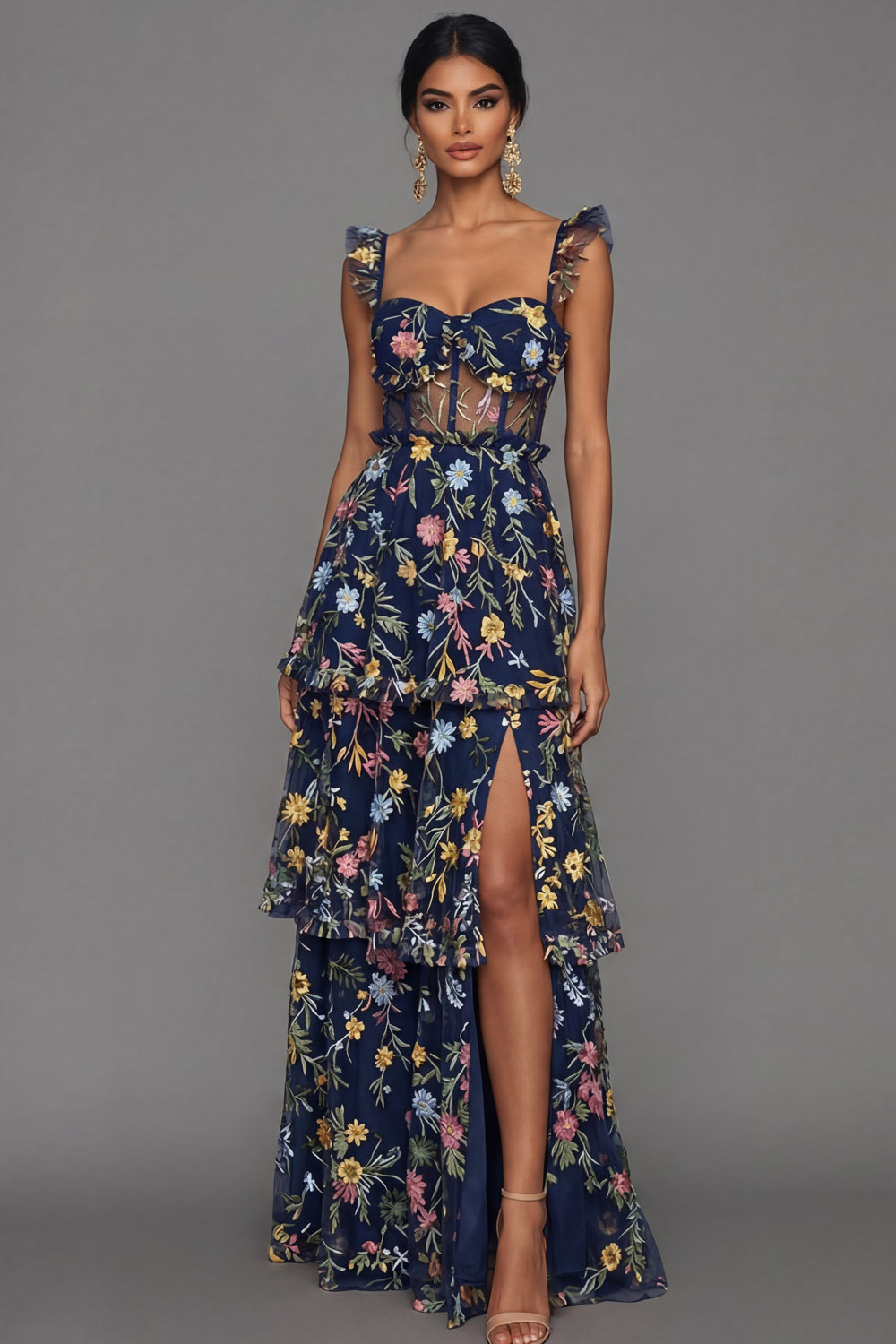 Mauve Corset A Line Floral Embroidered Long Formal Dress with Slit
