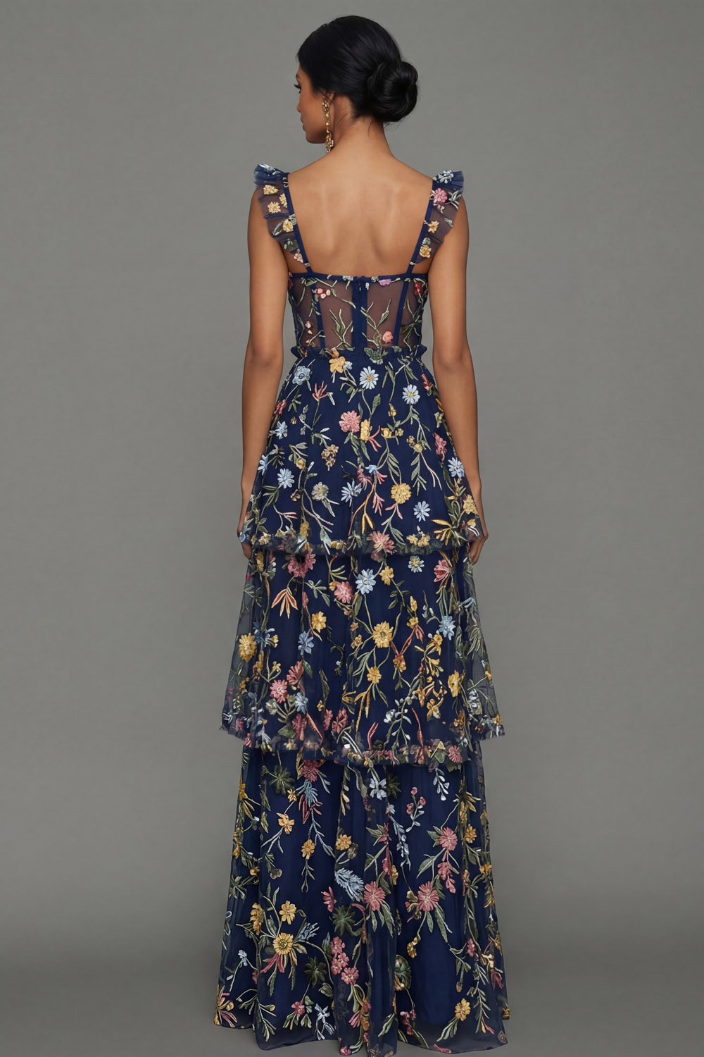 Mauve Corset A Line Floral Embroidered Long Formal Dress with Slit
