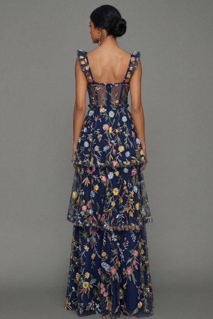 Mauve Corset A Line Floral Embroidered Long Formal Dress with Slit