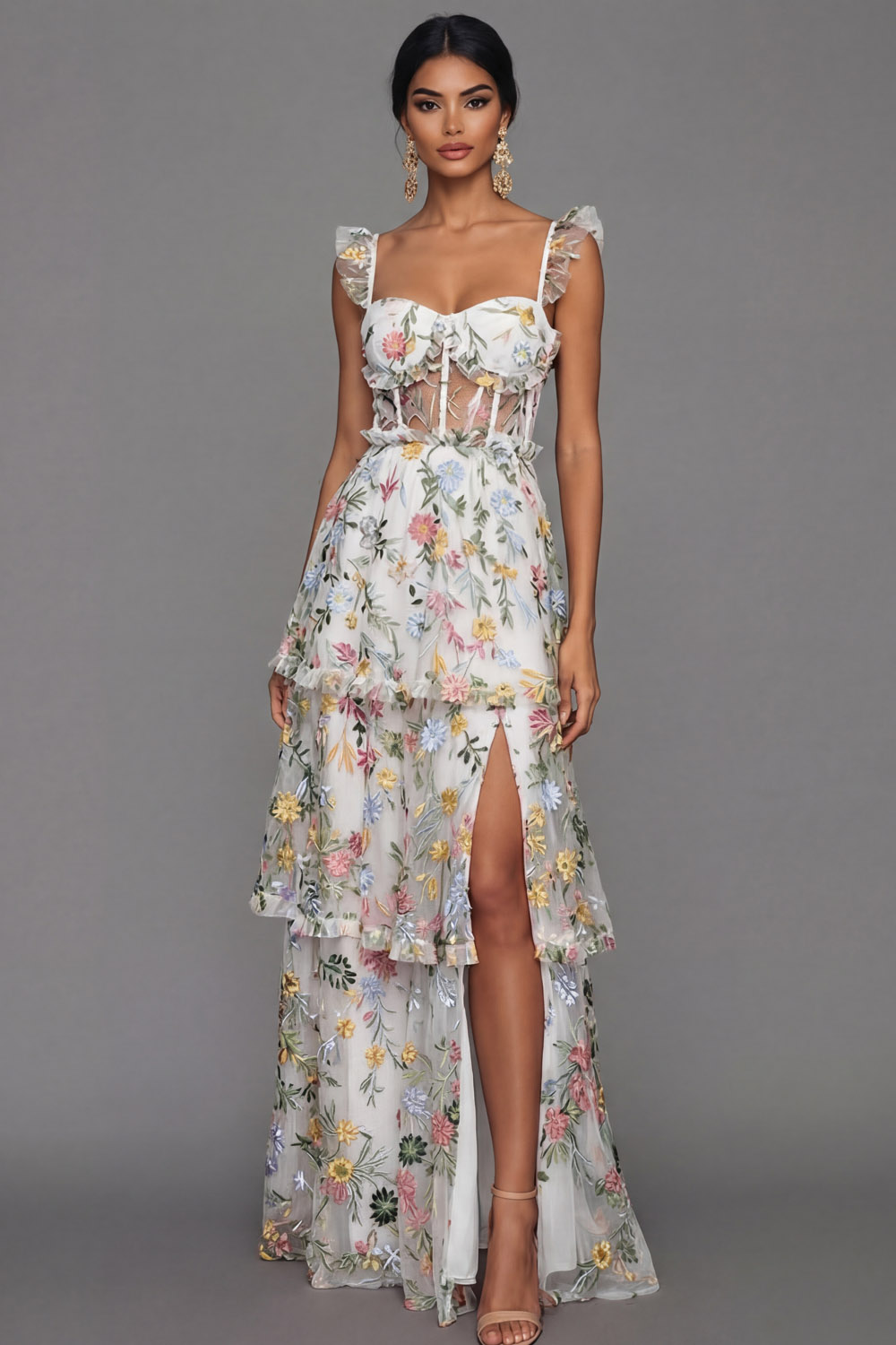 Mauve Corset A Line Floral Embroidered Long Formal Dress with Slit
