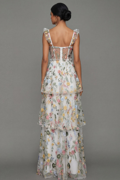 Mauve Corset A Line Floral Embroidered Long Formal Dress with Slit