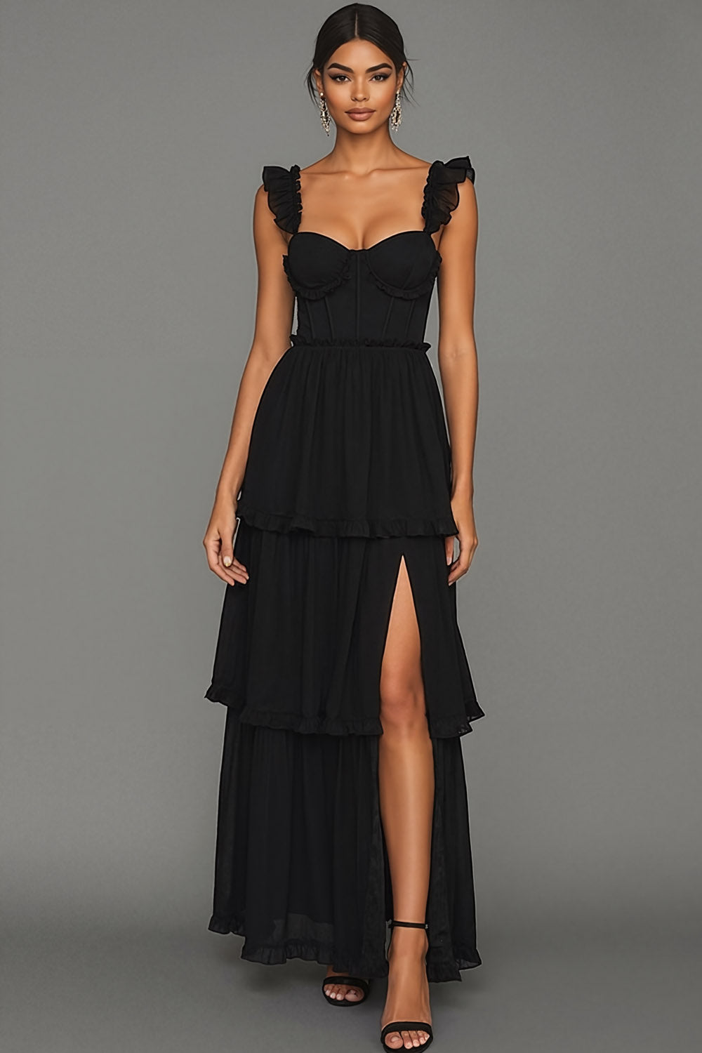 Black Corset Spaghetti Straps A Line Long Formal Dress with Slit