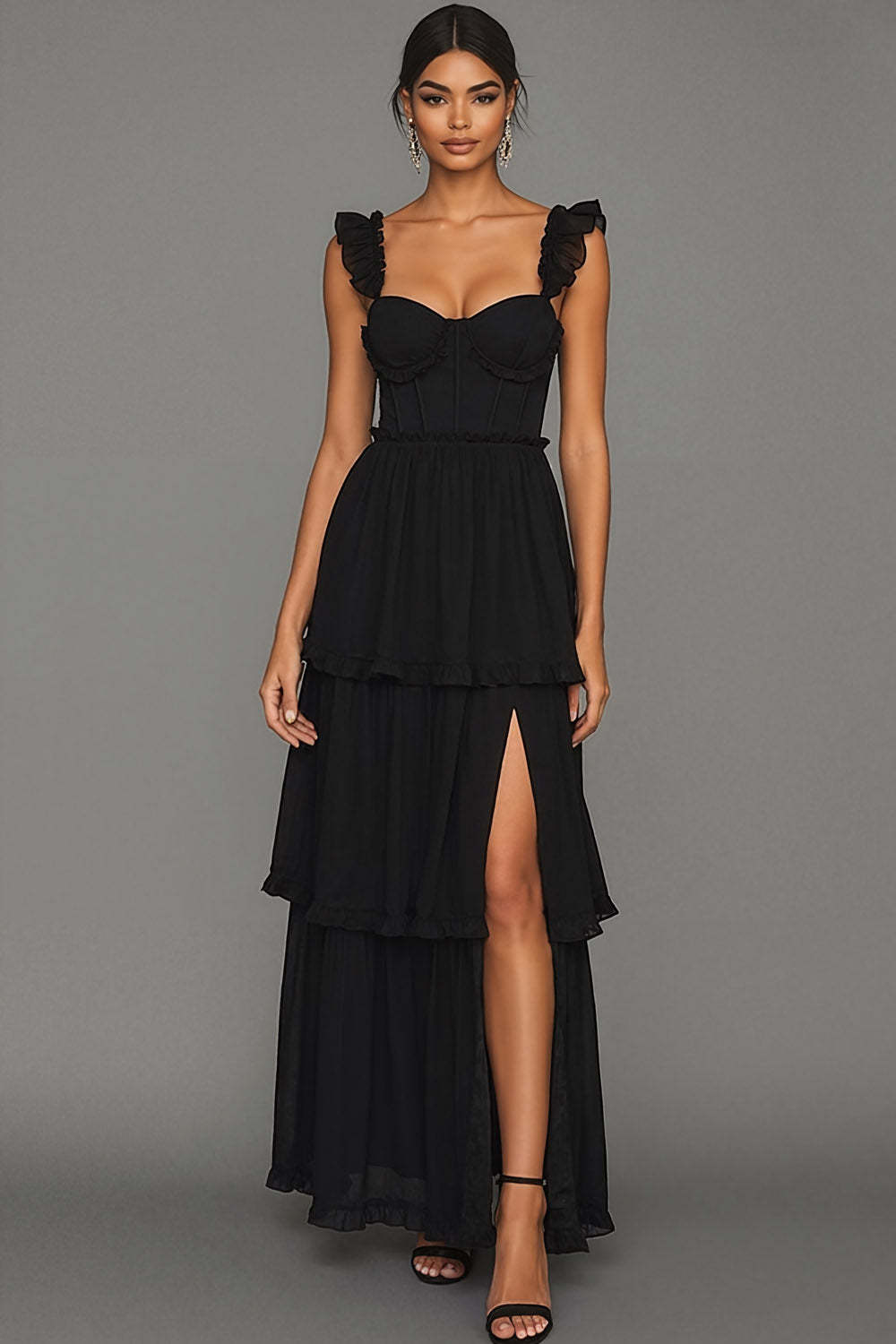 Leely Women Black Corset A Line Long Formal Dress with Slit Spaghetti Straps Backless Sleeveless Black Tie Dress