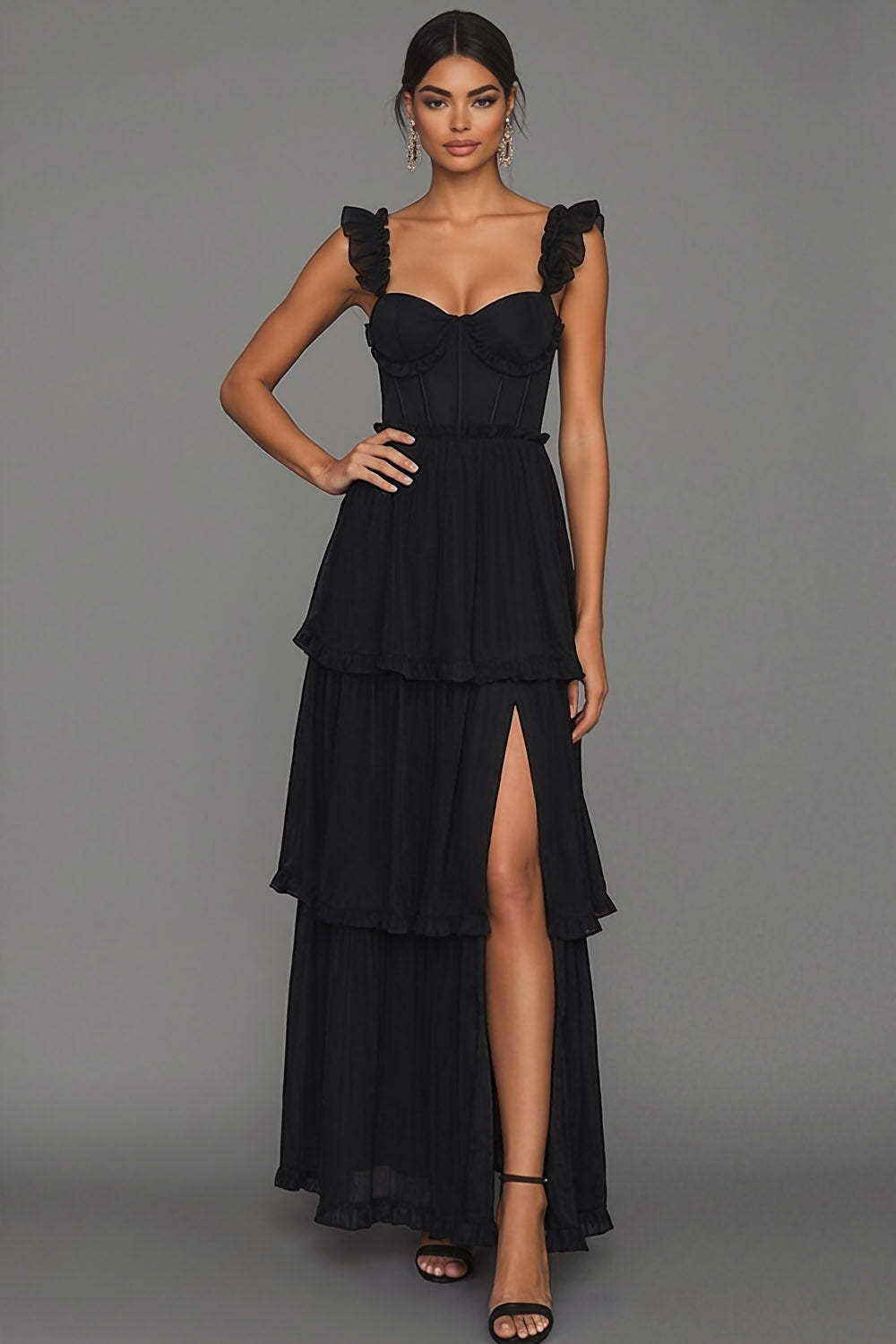 Black Corset Spaghetti Straps A Line Long Formal Dress with Slit