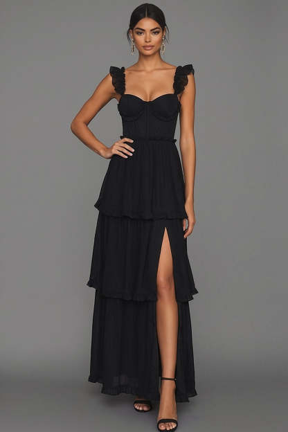 Black Corset Spaghetti Straps A Line Long Formal Dress with Slit
