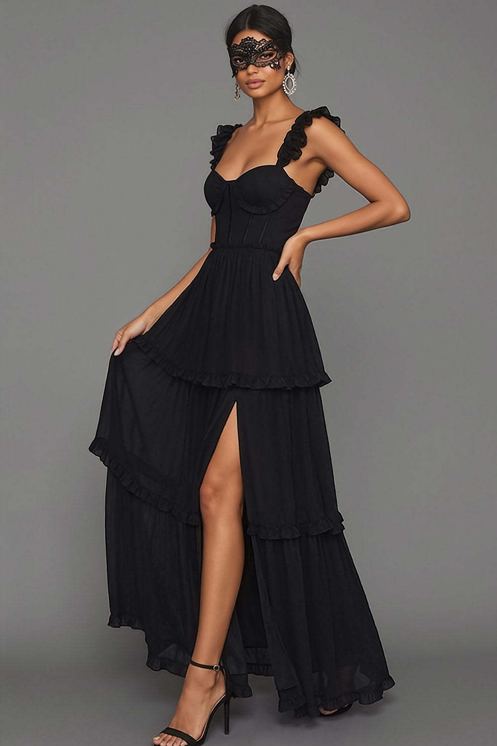 Black Corset Spaghetti Straps A Line Long Formal Dress with Slit