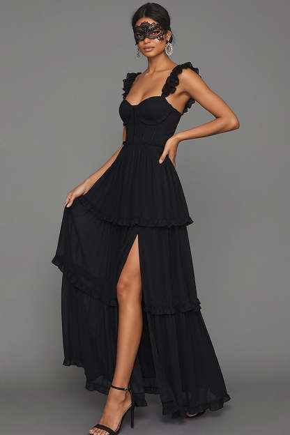 Black Corset Spaghetti Straps A Line Long Formal Dress with Slit
