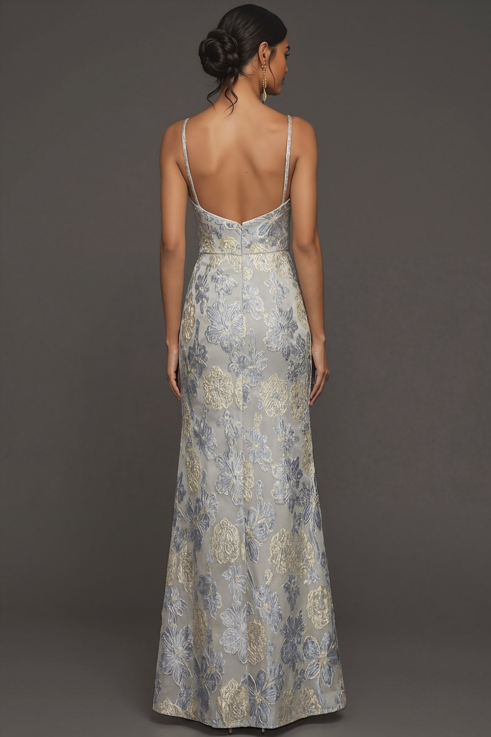 Dusty Blue Jacquard Floral Spaghetti Straps Long Formal Dress with Slit