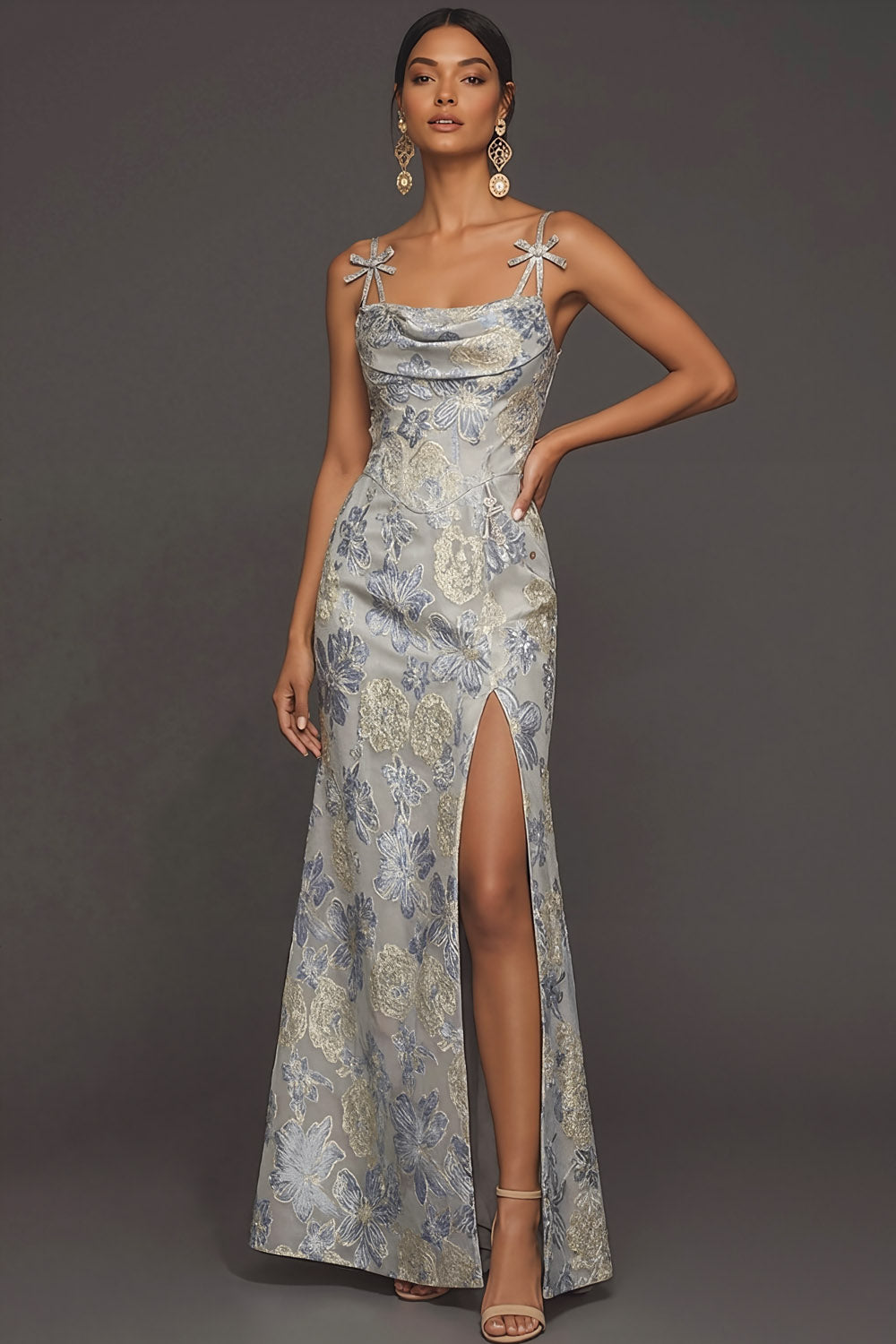 Dusty Blue Jacquard Floral Spaghetti Straps Long Formal Dress with Slit