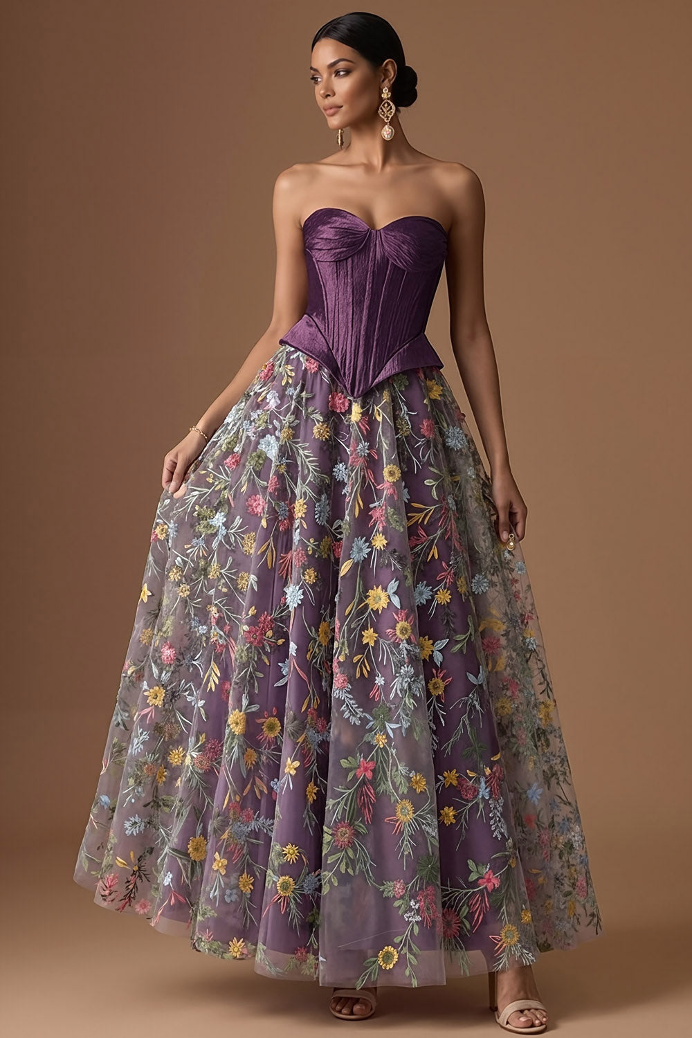 Leely Women Dark Purple Floral Corset A Line Embroidered Long Formal Dress Baque Waist Sweetheart Backless Sleeveless Evening Dress