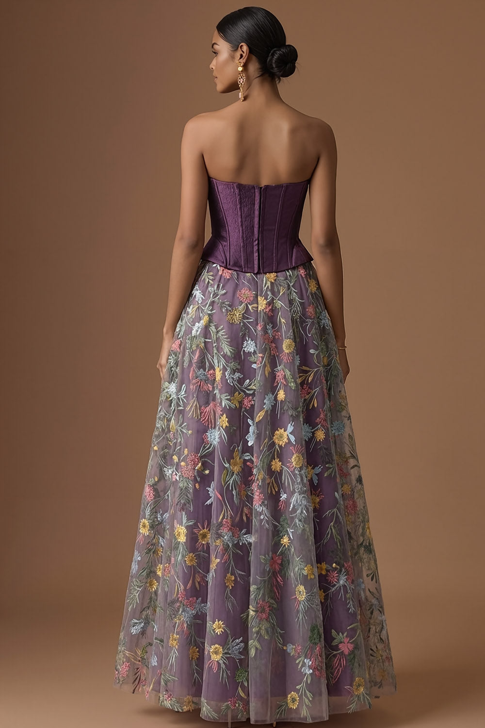 Dark Purple Floral Corset A Line Embroidered Long Formal Dress
