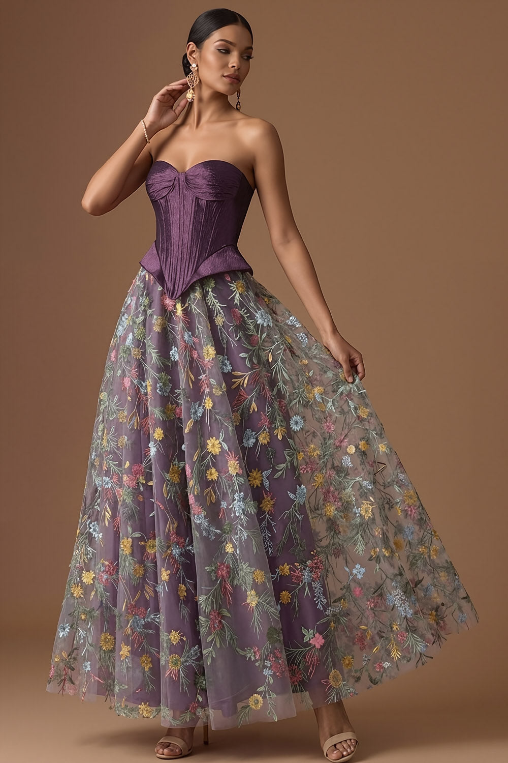 Dark Purple Floral Corset A Line Embroidered Long Formal Dress