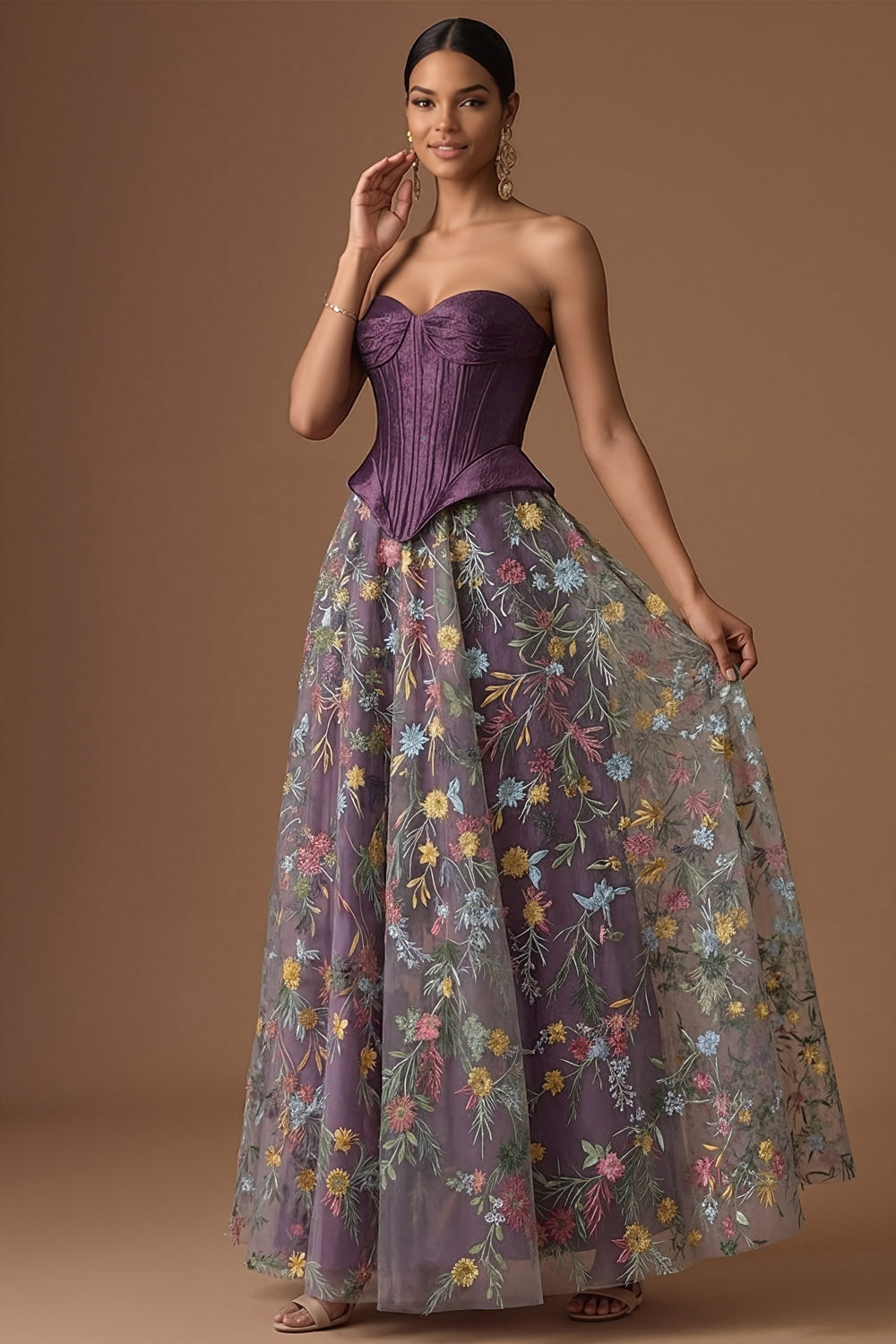 Dark Purple Floral Corset A Line Embroidered Long Formal Dress