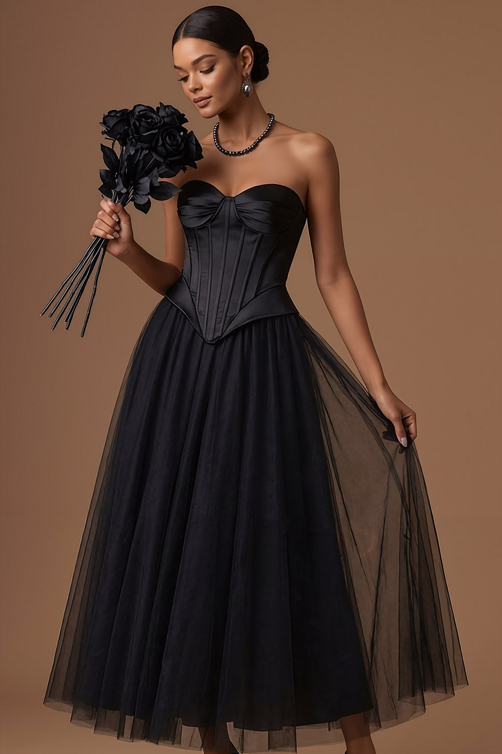 Black Corset Sweetheart A Line Long Prom Dress