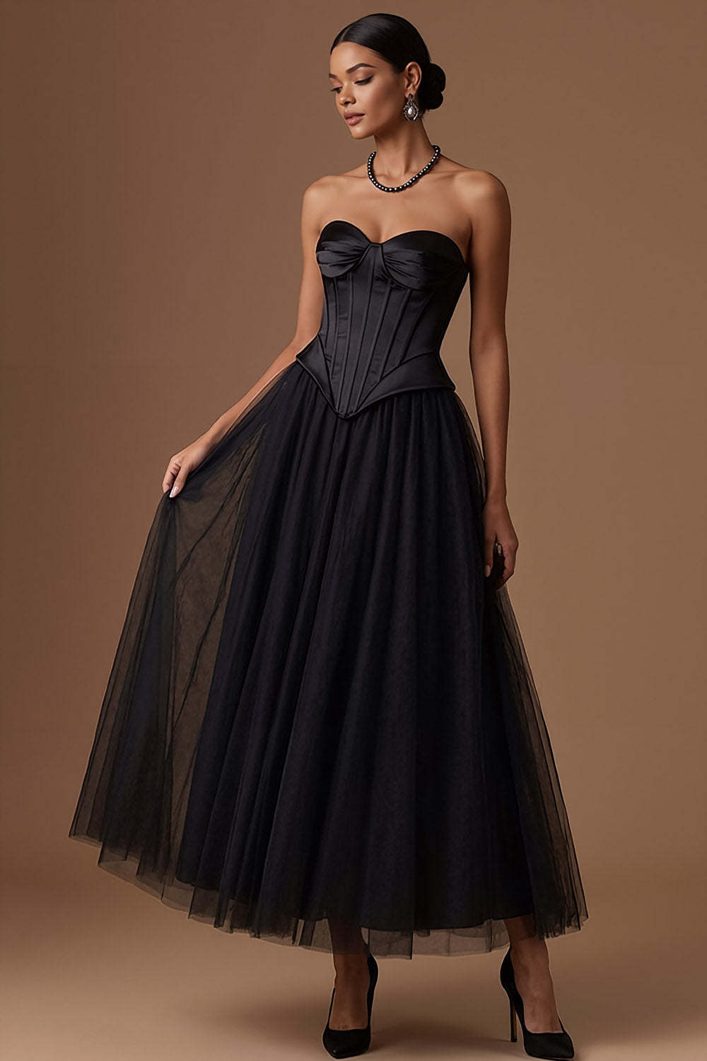 Black Corset Sweetheart A Line Long Prom Dress