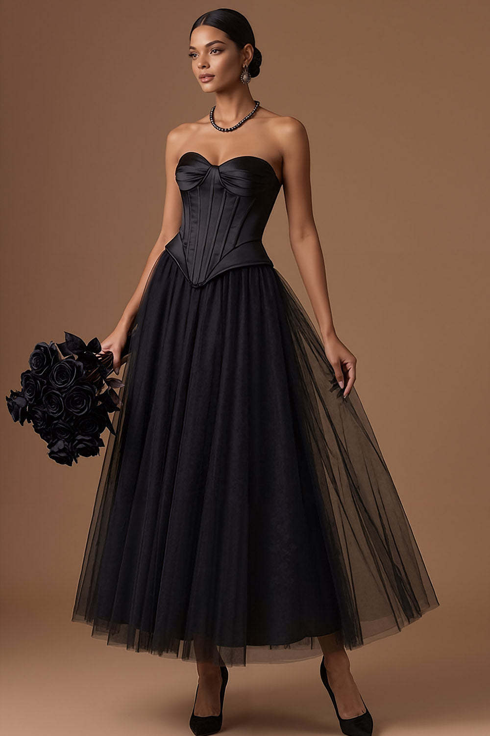 Black Corset Sweetheart A Line Long Prom Dress