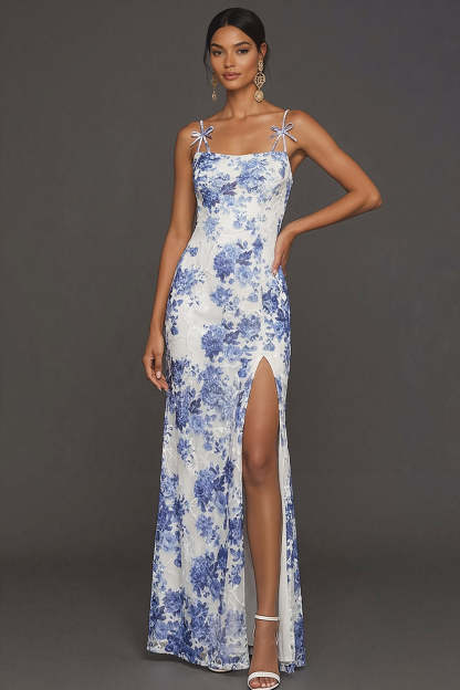 Leely Women Light Blue Mermaid Floral Long Wedding Guest Dress with Slit Spaghetti Straps Backless Formal Dress