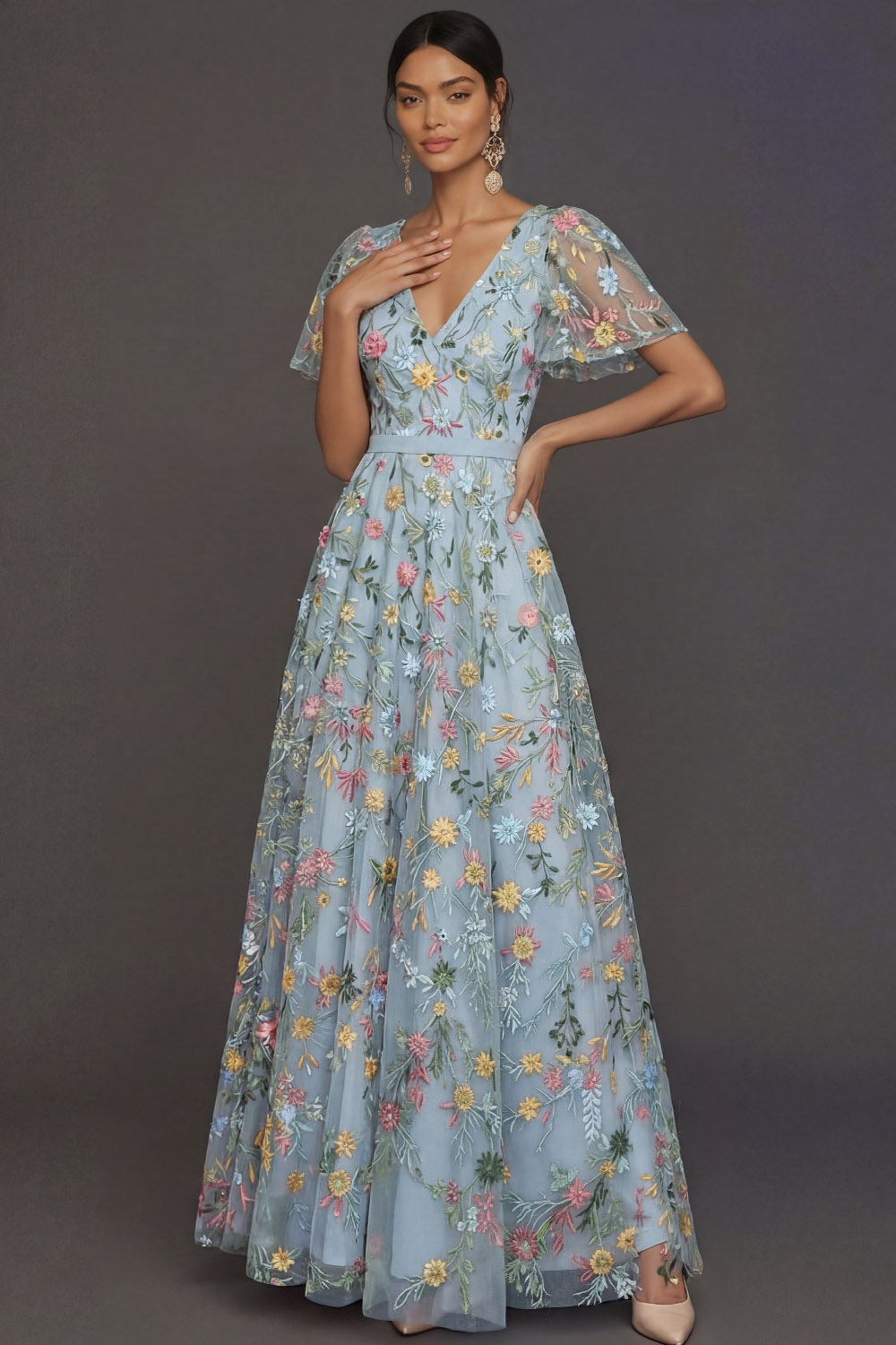 Mauve A Line Embroidered Floral V Neck Long Formal Dress
