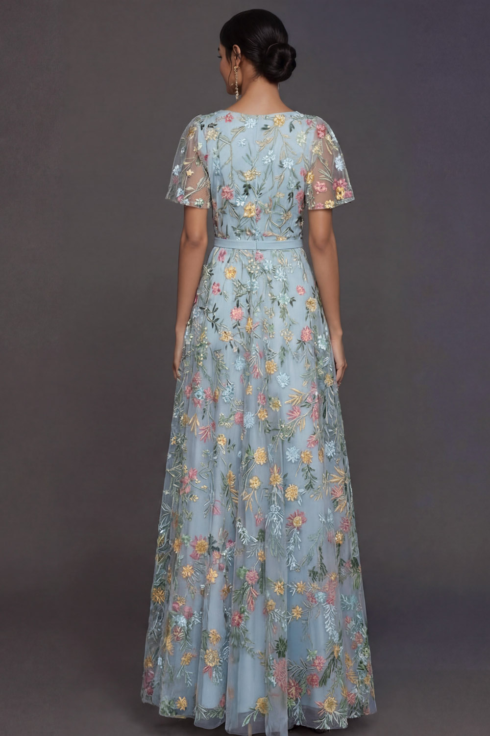 Mauve A Line Embroidered Floral V Neck Long Formal Dress