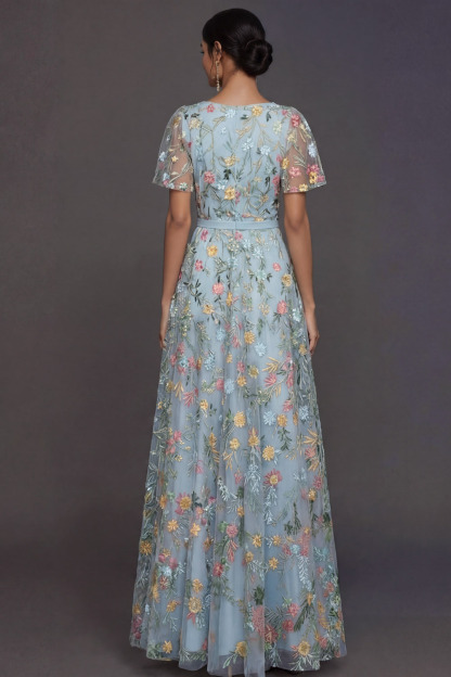 Mauve A Line Embroidered Floral V Neck Long Formal Dress