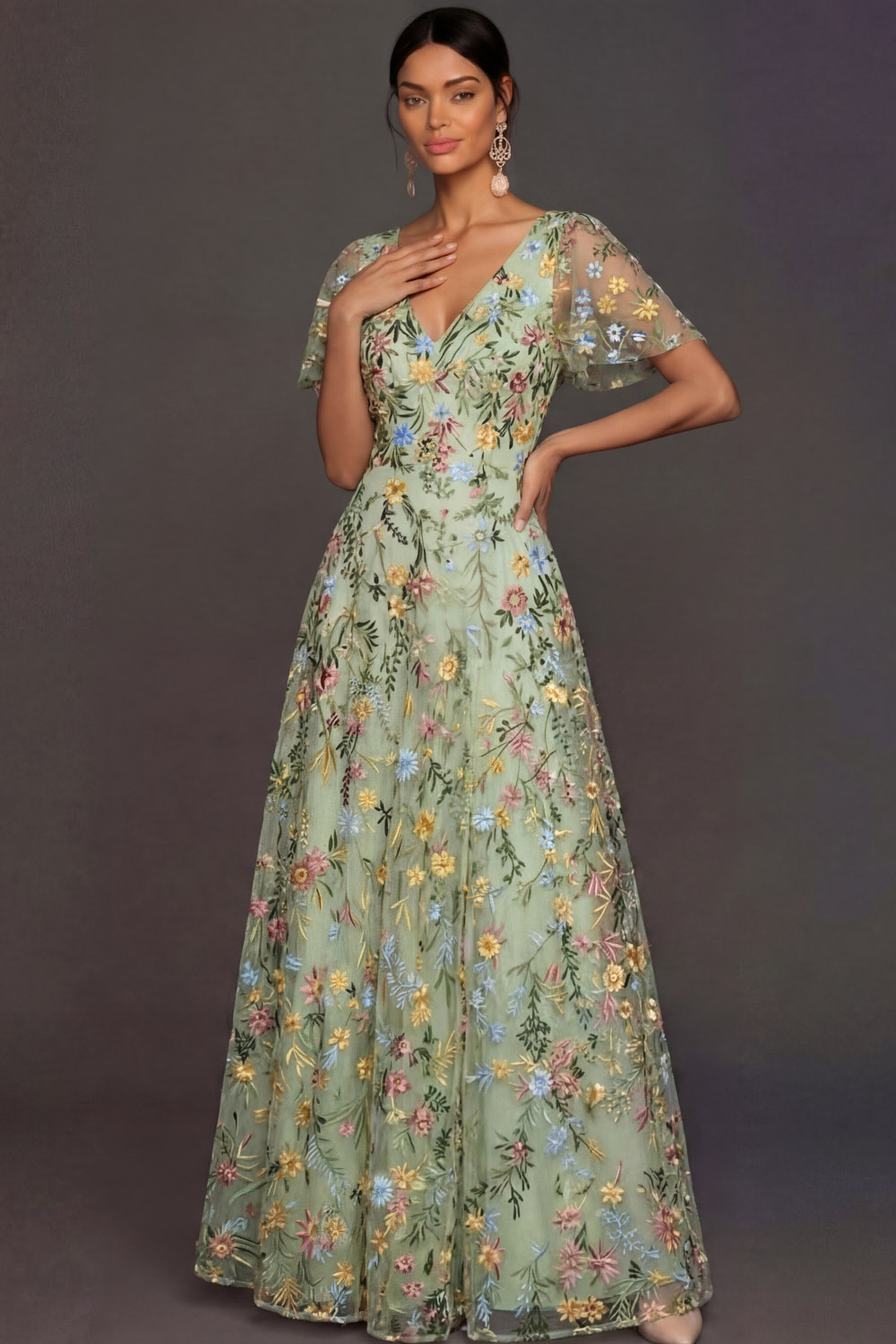 Mauve A Line Embroidered Floral V Neck Long Formal Dress