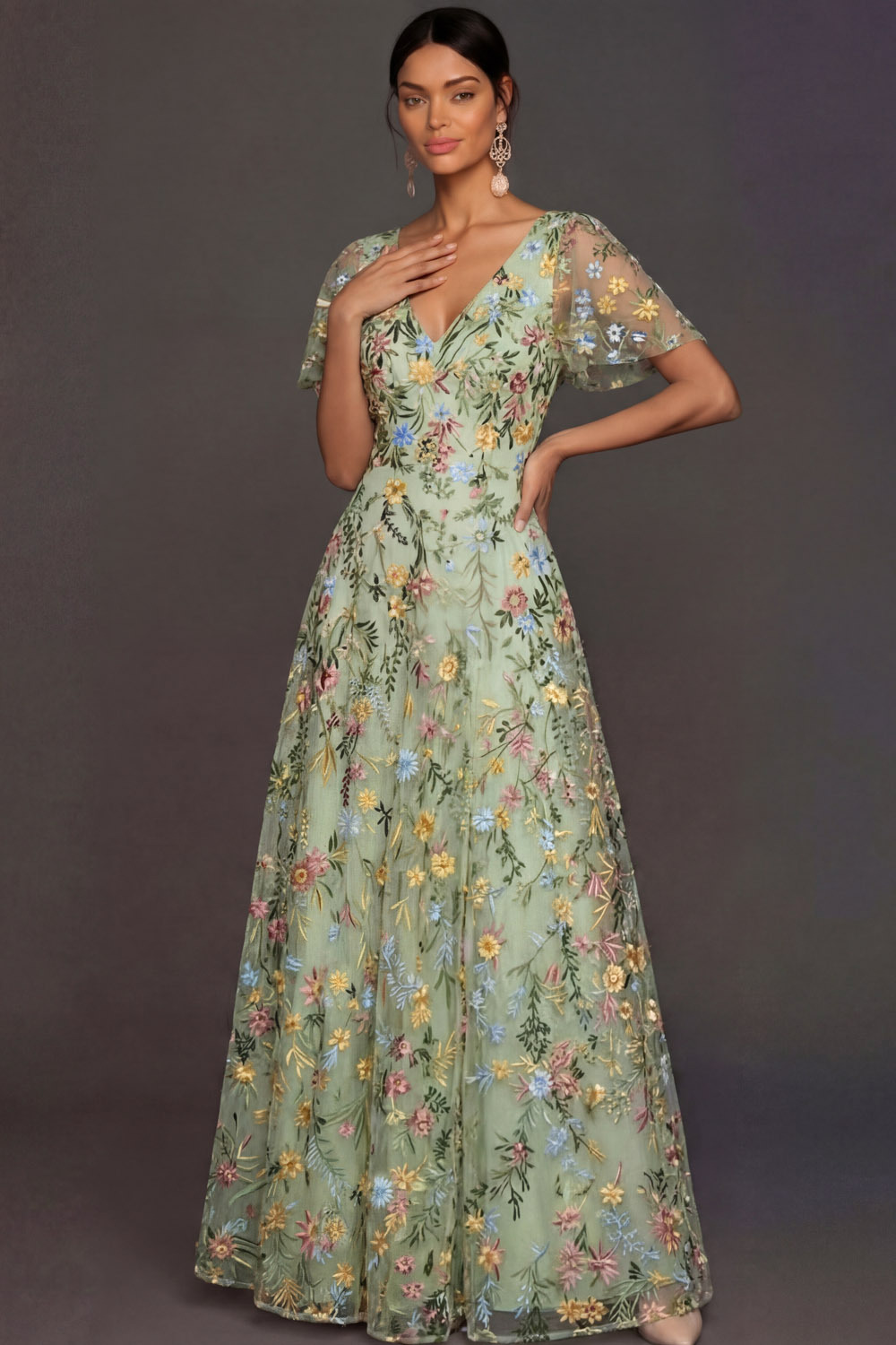 Mauve A Line Embroidered Floral V Neck Long Formal Dress