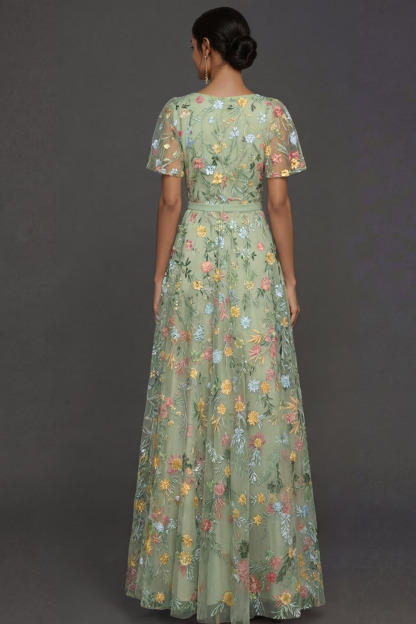 Mauve A Line Embroidered Floral V Neck Long Formal Dress