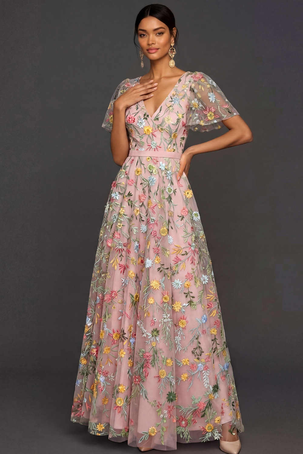 Mauve A Line Embroidered Floral V Neck Long Formal Dress