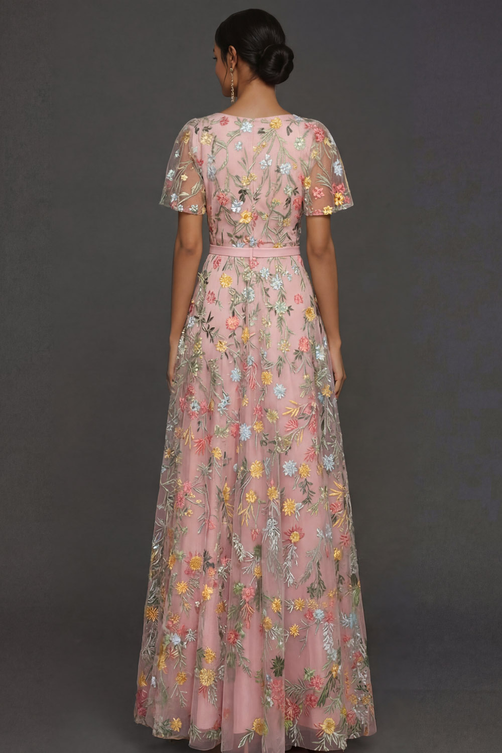 Mauve A Line Embroidered Floral V Neck Long Formal Dress