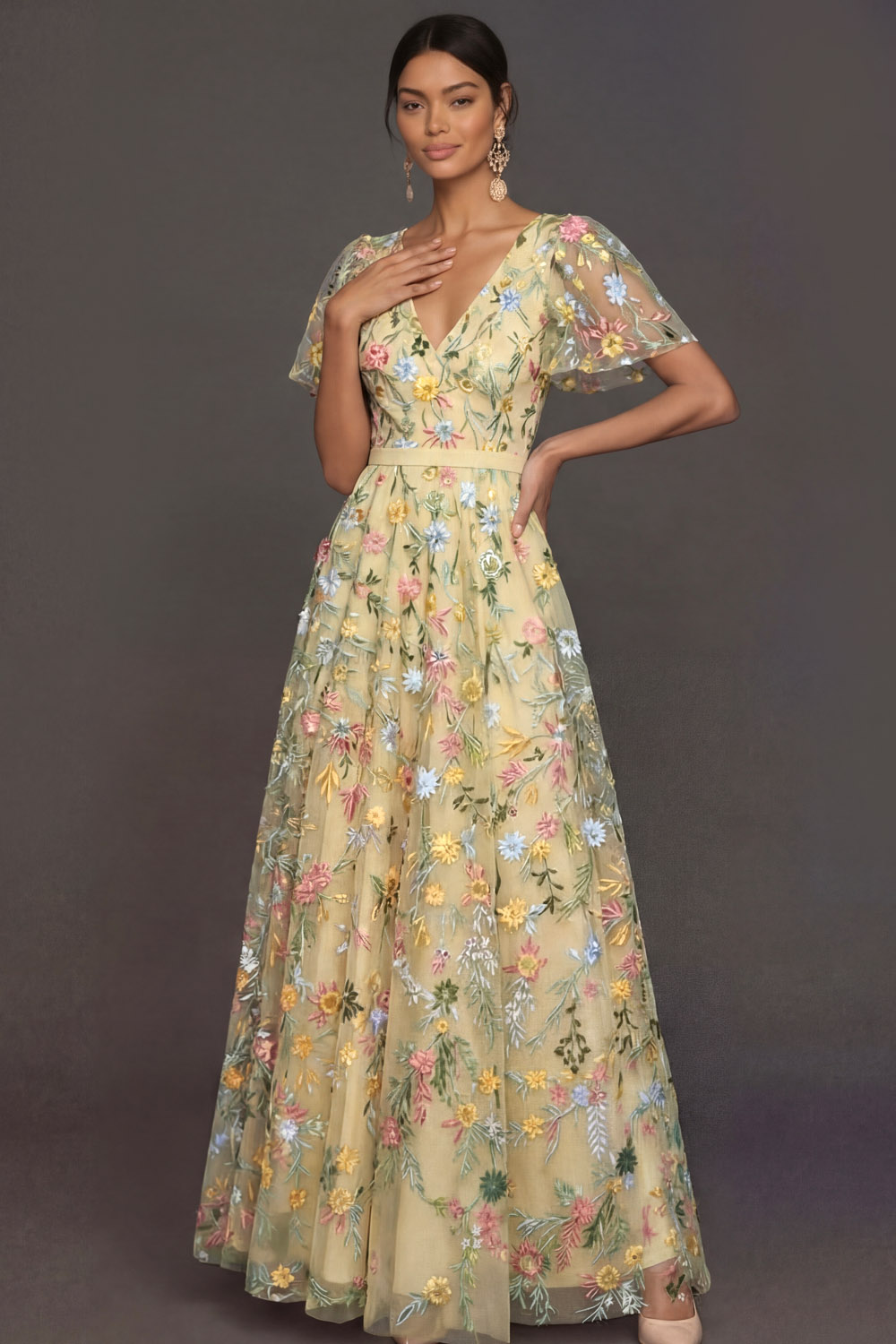 Mauve A Line Embroidered Floral V Neck Long Formal Dress