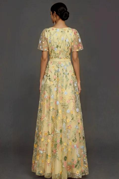 Mauve A Line Embroidered Floral V Neck Long Formal Dress