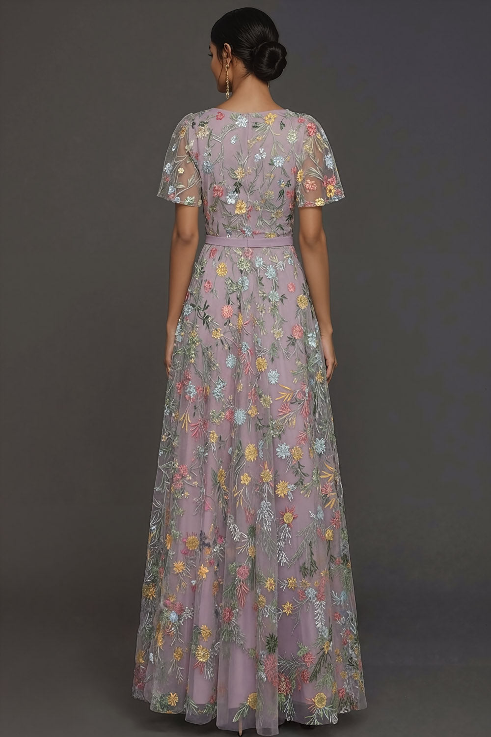 Mauve A Line Embroidered Floral V Neck Long Formal Dress