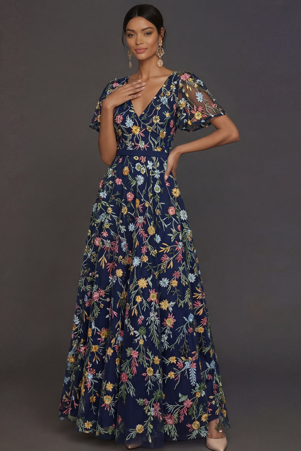 Mauve A Line Embroidered Floral V Neck Long Formal Dress