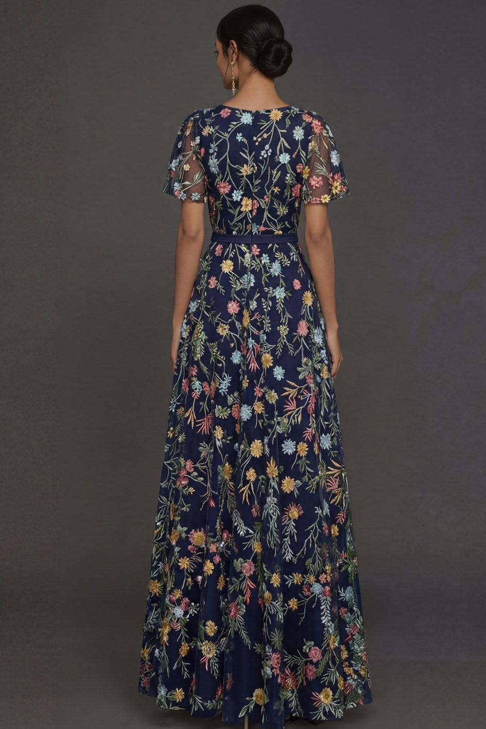 Mauve A Line Embroidered Floral V Neck Long Formal Dress