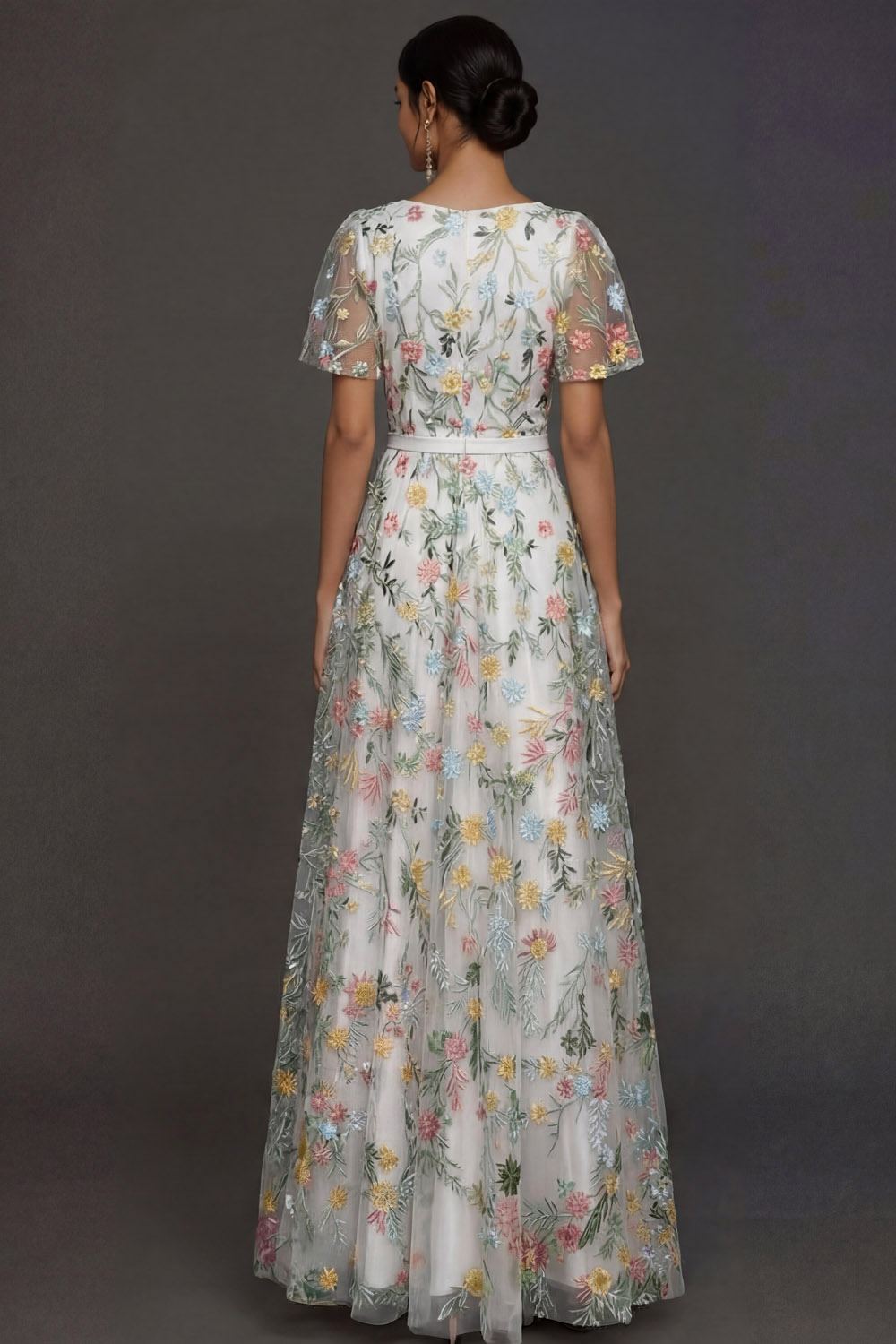 Mauve A Line Embroidered Floral V Neck Long Formal Dress