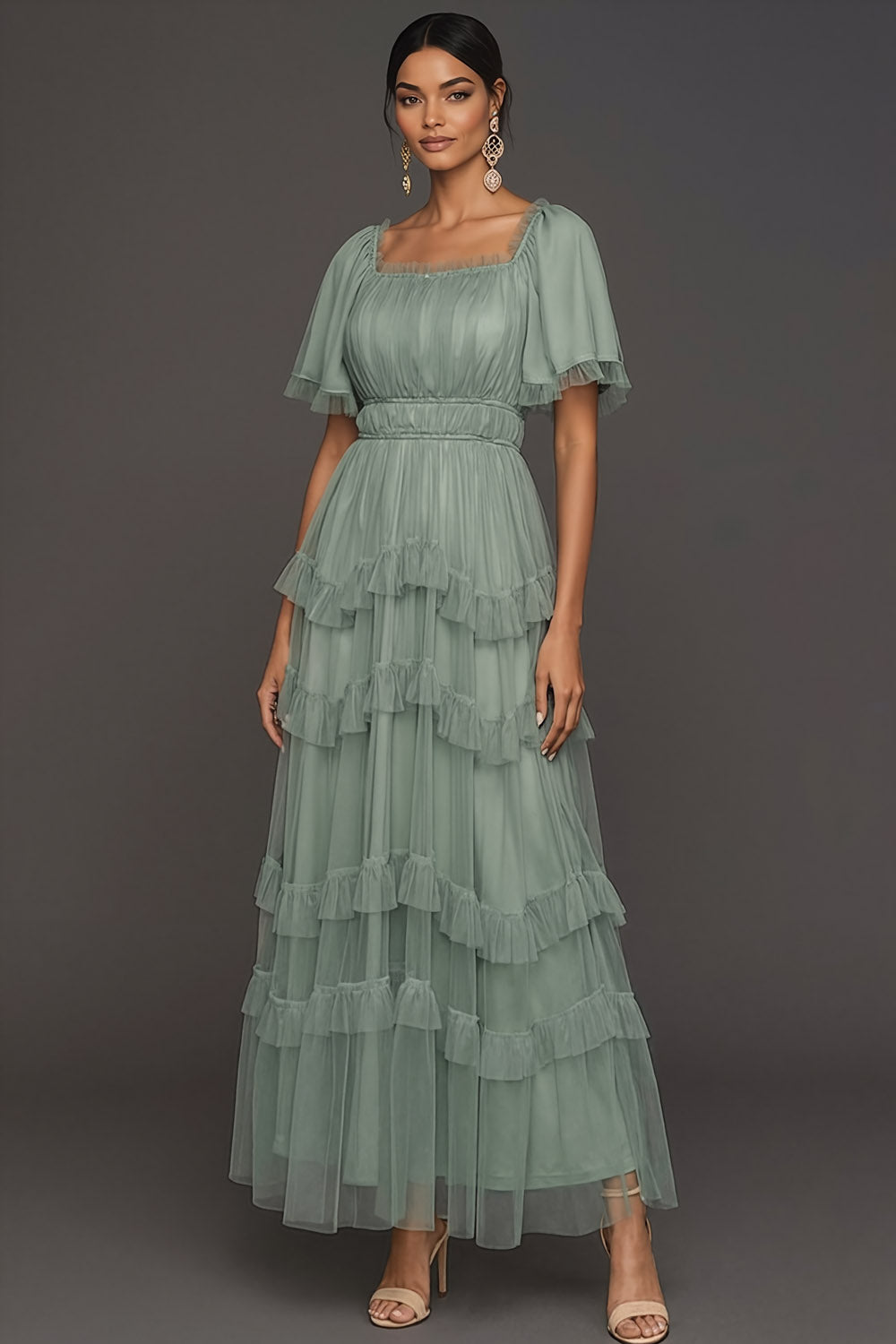 Dusty Sage A Line Ruffled Tiered Square Neck Long Wedding Guest Dress