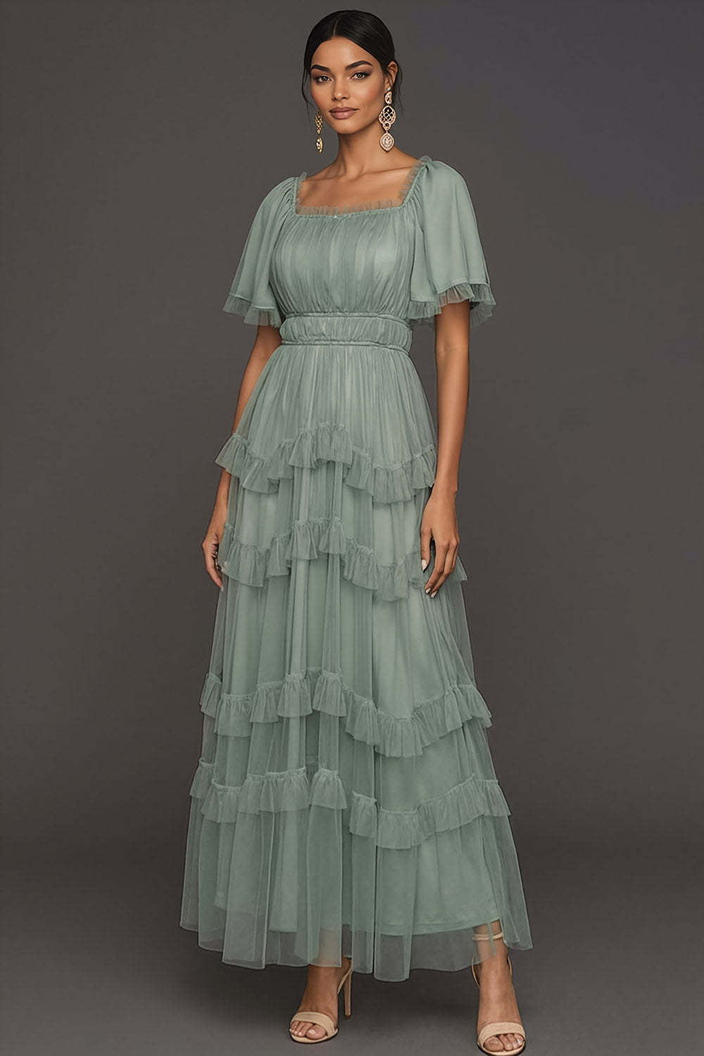 Leely Women Dusty Sage A Line Ruffled Long Wedding Guest Dress Tiered Square Neck Backless Formal Dress