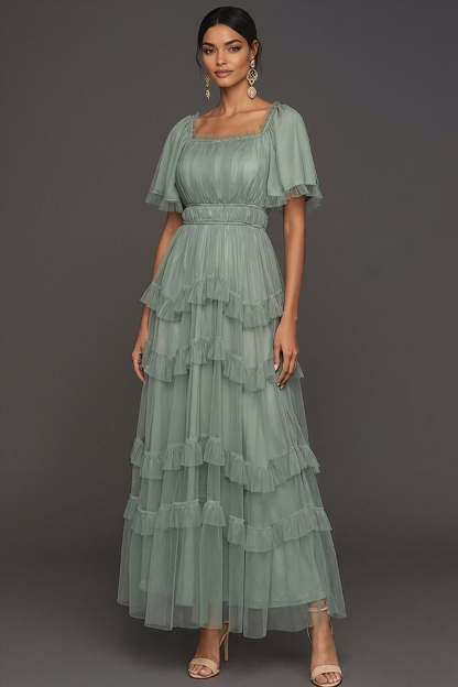 Leely Women Dusty Sage A Line Ruffled Long Wedding Guest Dress Tiered Square Neck Backless Formal Dress