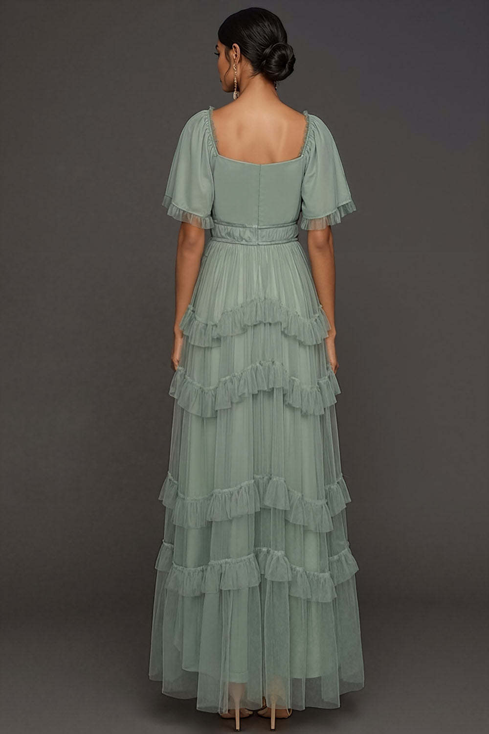 Dusty Sage A Line Ruffled Tiered Square Neck Long Wedding Guest Dress