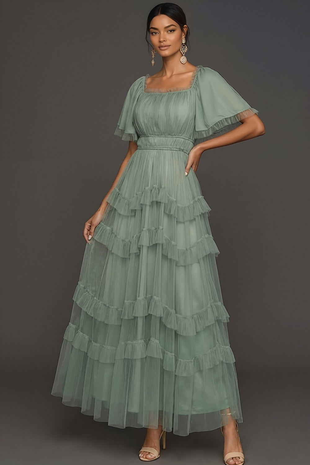 Dusty Sage A Line Ruffled Tiered Square Neck Long Wedding Guest Dress
