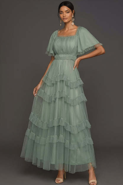 Dusty Sage A Line Ruffled Tiered Square Neck Long Wedding Guest Dress