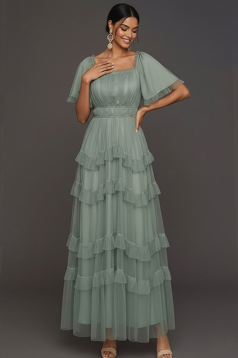 Dusty Sage A Line Ruffled Tiered Square Neck Long Wedding Guest Dress